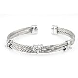 Choice of Stainless Steel Grey, Black or Yellow Cable w/ Sterling Silver Dragonfly Design Bangle Cuff Bracelet (0.05 cttw, I color, I2 clarity)
