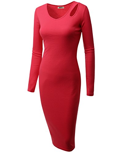 Doublju Womens Longsleeve Strech Slim Fit Cut Out shoulder Midi Dress