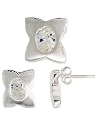 Sterling Silver Matte-finish Four-finger Clover Flower Earrings (12mm tall) & Pendant Slide (13mm tall) Set, w/ Oval Cut CZ Stones