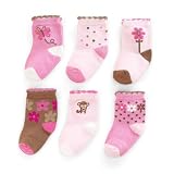 Carter's 6 Pack Girls Monkey Comfy Fit Socks -Pink/Brown, 3-12 Months