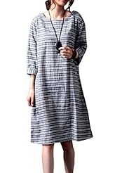 Plus Size Long Sleeves Cotton/Linen Striped Print  Dress