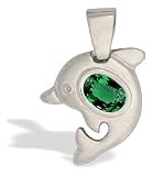 14K White Gold Oval Created Emerald Dolphin Pendant