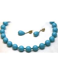 Turquoise Set Necklace and Earrings 14mm Royal Turquoise Mother of Pearl Based and Matching Earrings with 0.30k G.v.v.s Brilliant Diamonds and 14k Yellow Gold Earrings with Post
