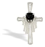 14K White Gold Genuine Heart Black Onyx and Diamond Cross Pendant