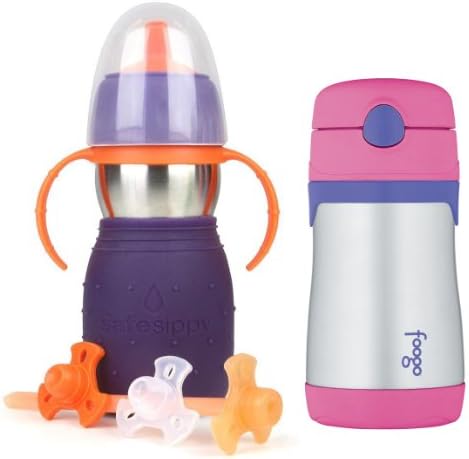 The Safe Sippy 2 2-in-1 Sippy to Straw 11oz Bottle, Purple with Thermos Foogo 10oz Straw Bottle, Pink