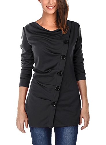 DJT Women's Cowl Neck Button Embellished Ruched Long Sleeve Blouse Top