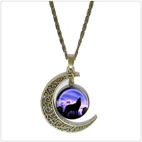 Wolf Glass Cabochon Pendant Necklace Vintage Bronze Hollow Half Moon Charm Chain Necklace
