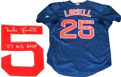 Mike Lowell ''07 WS MVP'' Autographed/Hand Signed Boston Red Sox Blue Jersey