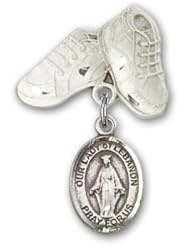 Sterling Silver Baby Badge with Our Lady of Lebanon Charm and Baby Boots Pin