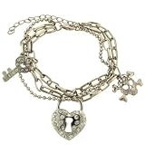 Silver Tone Skull, Heart, and Key Charm Bracelet