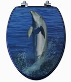 TOPSEAT 13DCPDPH6 3D Toilet Seat, Leaping Dolphin, Elongated, Chromed Metal Hinges, Wood, Deep Blue