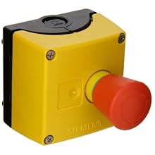 Siemens 3SB38 01-0DG3 Standard Operator Enclosure and Emergency Stop Mushroom Pushbutton, Molded Plastic Enclosure, 1 Pilot Device, 40mm Head, Positive Latching, Rotate To Unlatch, Yellow Top, 1 NC Contact Block Function