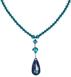 Sterling Silver Swarovski Elements Blue Zircon Colored Bicone and Faceted Round Bead Necklace with Bermuda Blue Aurora Borealis Tear Drop Pendant, 16