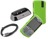 3 Pieces Combo of Charging Pod, Green Silicone Skin Cover Case and USB Cable for Blackberry Curve 8300 8330 8320 8310