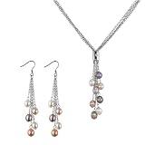 4-Strand Silver Bar Crystal Multi-color Cultured Pearl Lariat with Multi-color Dangle Earrings Set