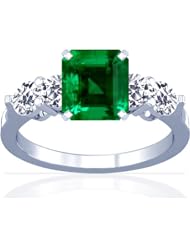 18K White Gold Emerald Cut Emerald Ring With Sidestones