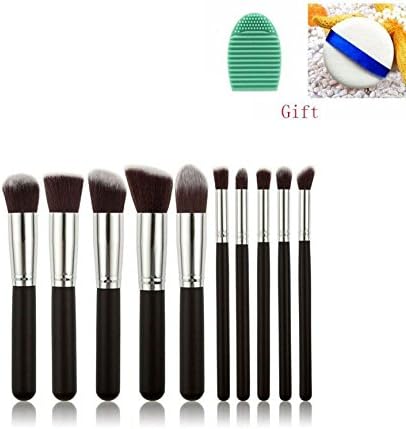 Smilesun 10PCs Premium Synthetic Makeup Brushes Makeup Brush Set+Powder Puff+silicone brush cleaner tool (Black+silver)