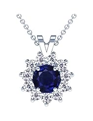 18K White Gold Round Cut Blue Sapphire And Round Diamond Pendant