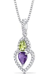 Amethyst and Peridot Pendant Necklace Sterling Silver Pear Shape 1.00 Carats Total