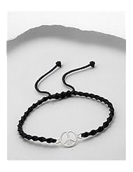 Peace Symbol Cotton Waxed Thread Bracelet In 92.5 Sterling Silver