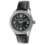 Peugeot Women's 3006BK Silver-Tone Swarovski Crystal Accented Black Leather Strap Watch