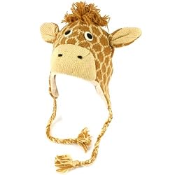 100% Wool Winter Cute Giraffe Animal Fleece Lined Trapper Earflaps Ski Cap Hat