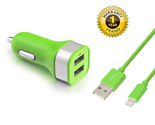 [Apple MFI Certified] Scable (TM) 3ft 8 Pin Lightning to USB Sync &amp; Charging Cable Cord with 3.1A 15W Dual Port High Speed USB Car Charger(Green)