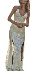 A-line V-neck Spaghetti Strap Slit Backless Lace  Dress with a Court Train 