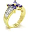14k Matte Gold Ring Bonded with Flower Shape Blue Purple Tanzanite CZ and Clear CZs in Goldtone - Size: 5-10