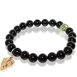 Onyx Stretch Bracelet with Fleur De Lis Shield Charm & Green Rhinestone Bead Accent
