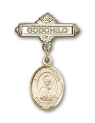 14K Gold Baby Badge with St. Timothy Charm and Godchild Badge Pin