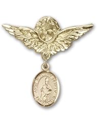 Gold Filled Baby Badge with St. Augustine of Hippo Charm and Angel with Wings Badge Pin