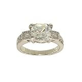 Engagement Ring Style Silvertone Fashion Ring in Cushion Cut Clear Cubic Zirconia with Side Stone Detail