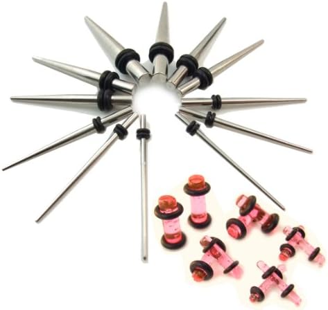 The Defy Starter Kit ~ 22 Total Pieces ~ 12 Pc 316L Stainless Steel Ear Stretching Taper Kit 16g-6g Gauges WITH 10 Pc Pink Sparkle Acrylic Plugs 14g-6g Gauges