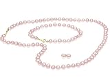 Freshwater Pink 5.5-6mm Pearl Earring Studs, Necklace, and Bracelet Set with 14K Yellow Gold