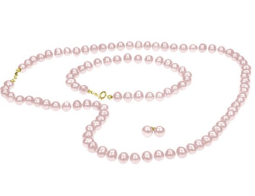 Childrens Toyshop  Jewelry : Freshwater Pink 5.5-6mm Pearl Earring Studs, Necklace, and Bracelet Set with 14K Yellow Gold