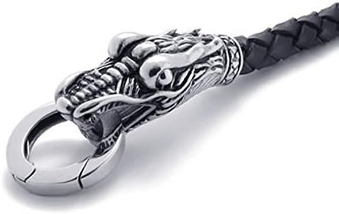 ZMSTORE Jewelry Mens Leather Bracelet, Stainless Steel Dragon Head Clasp, Black Silver, 8.5 Inch