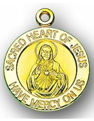 14K Gold Round Sacred Heart Of Jesus 3/4"x5/8" Patron Saint St. Medal Pendant Necklace In Gift Box Patron Saint St. Medal Pendant Necklace In Gift Box