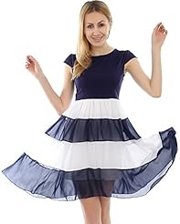 Bubble Dress Short Sleeves Chiffon Striped Print Cocktail Tunic 