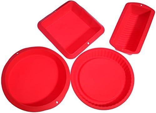 Seventhinking Red Silicone Bake Set - 4 High Quality Nonstick Slicone Bakeware - Round, Square, and Rectangular Shaped Loaf Pie Casserole Pan