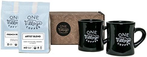 One Village Coffee Gift Box, French Roast and Artist Blend, 2 Ceramic Diner Mugs, Organic and Fair Trade Coffee, Whole Bean, Medium Dark and Dark Roast, Smooth and Full-Bodied