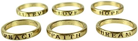 3TEN Peace Hope Love Believe Faith Dream 6 Piece Stackable Ring Set Gold