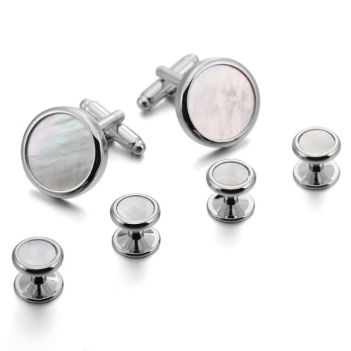 Men's Rhodium Plated Mother of Pearl Abalone Shell Cufflinks White Silver Round Studs Set Tuxedo