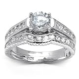 Perfect Solid Sterling Silver Cubic Zirconia Rhodium Plated 2 Piece Wedding Ring with Channel set Round Cubic Zirconia Stones & a Round Center Stone