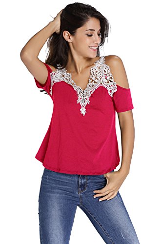 Chase Secret Womens Sexy V-Neck Lace Off Cut Out Shoulder Tops Shirt Red L