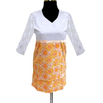 Handmade Chikan Embroidered Printed Cotton Top With Sequins And Golden Print