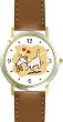 Dog with Slippers Dog - WATCHBUDDY&reg; DELUXE TWO-TONE THEME WATCH - Arabic Numbers - Brown Leather Strap-Size-Large ( Men's Size or Jumbo Women's Size )