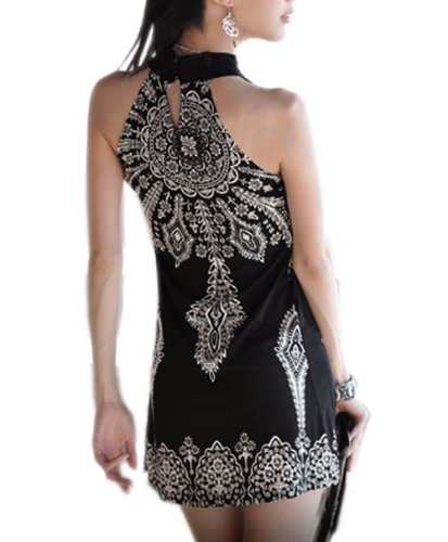 MAKIYO Women's totem pattern Floral Print mini Sleeveless dress Club Dance skirt (Black)
