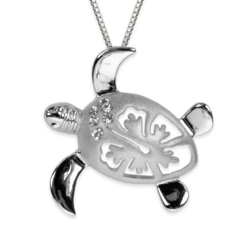 Sterling Silver Turtle and Hibiscus Necklace Pendant with Chain (28mm)