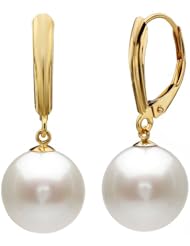 14k Yellow Gold 10-11mm Perfect Round White Cultured Freshwater Pearl High Luster, Leverback Earring. Perfect for Bridal and Wedding, Include Gift Box with Ribbon.